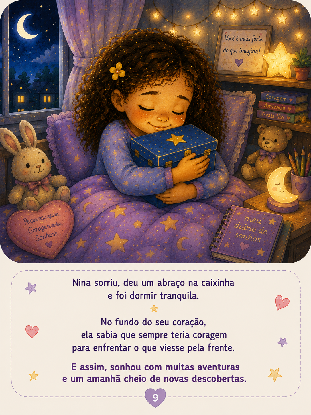 A caixa fechada durante a noite. Uma pequena luz dourada escapa pela fresta. Nina aparece dormindo ao fundo. Emoção: Curiosidade.